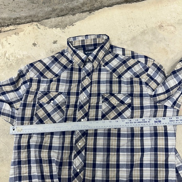 Wrangler Western Plaid Long Sleeve Pearl Snap Shirt Men's XXL XXLTG Blue Beige - Picture 2 of 5